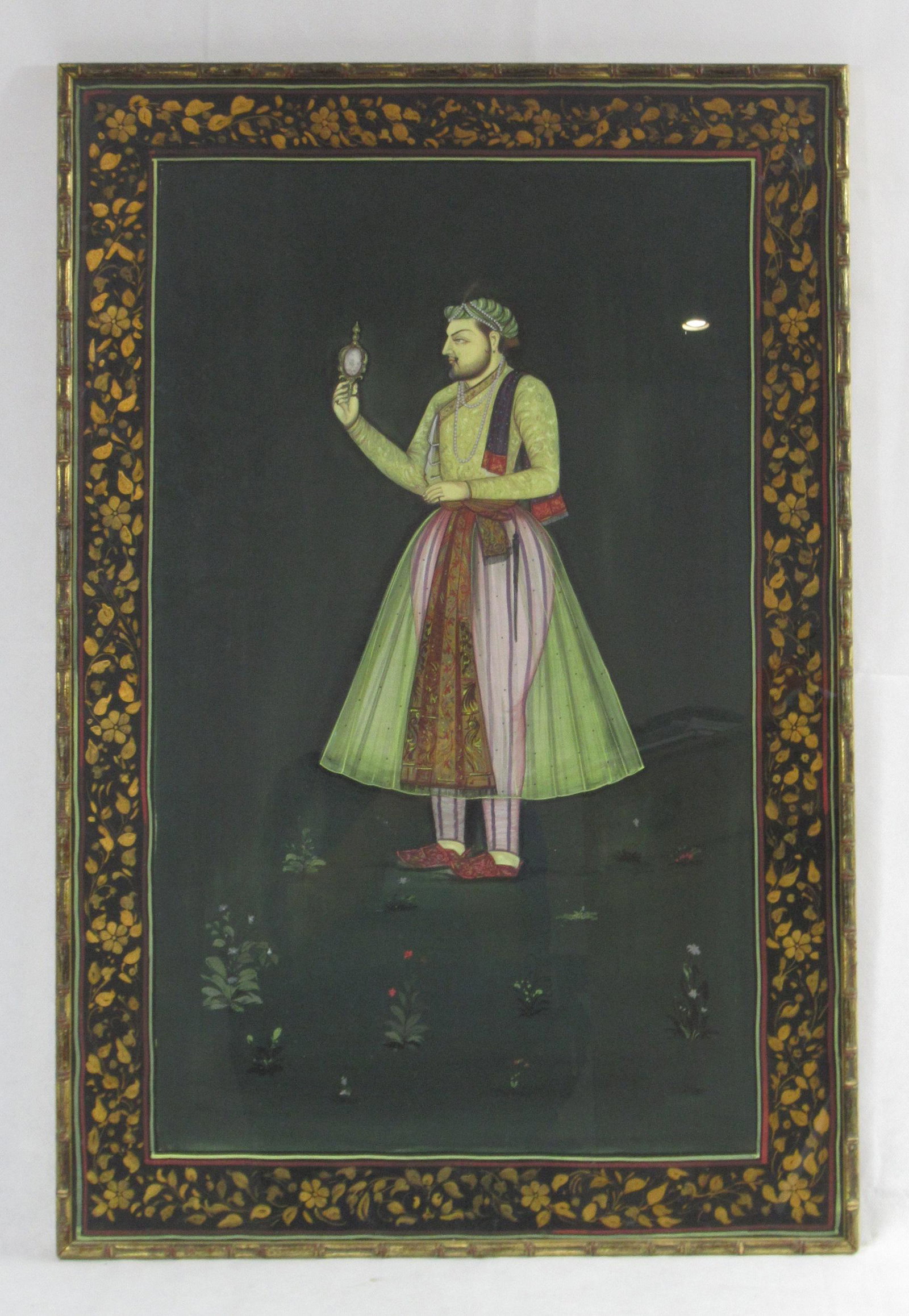 Oil on Silk of Mughal Nobleman: Oil on silk depicting Mughal nobleman, in gilt 'bamboo' frame, 86cm x 57cm