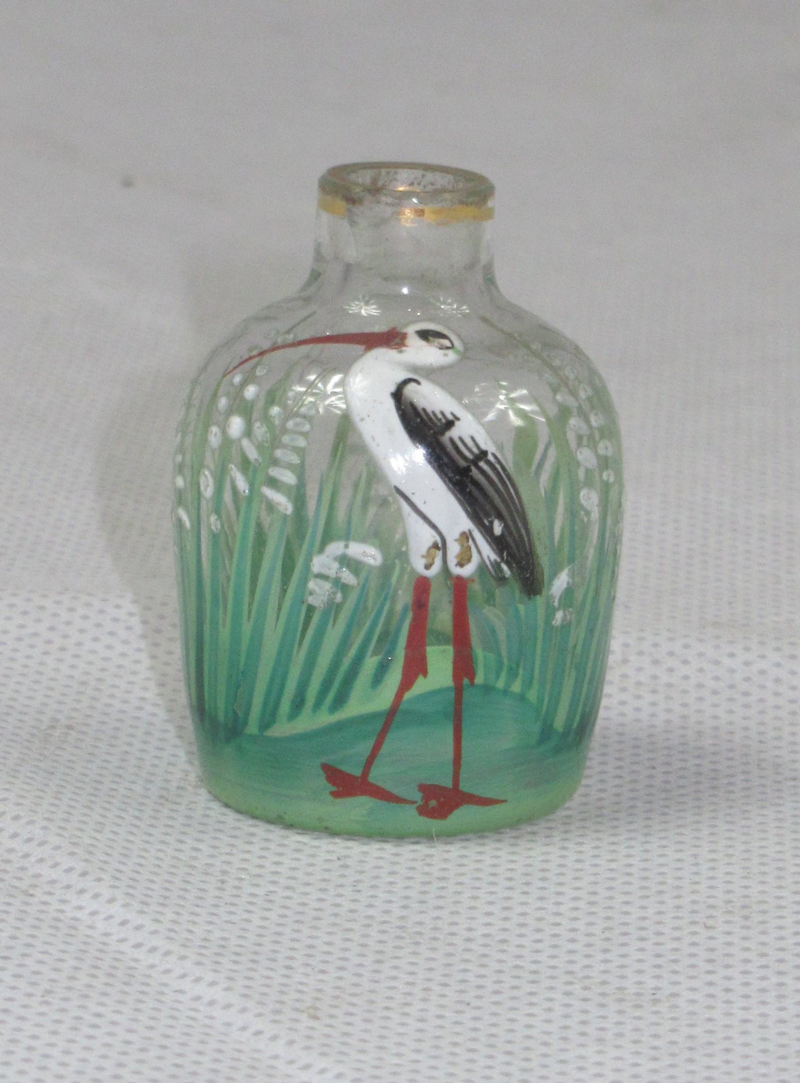 Small glass & enamel bottle: Miniature enamelled glass bottle with crane, 4cm