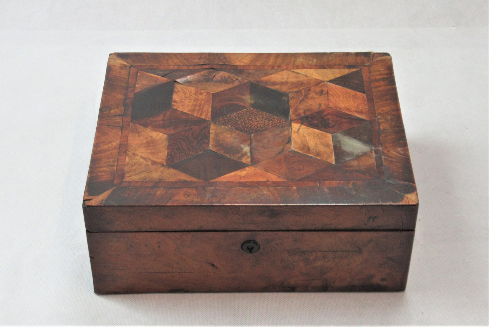 A Rare Ralph Turnbull of Kingston Jamaica Exotic Wood: Cube geometric style inlay with maker's label inside and at base