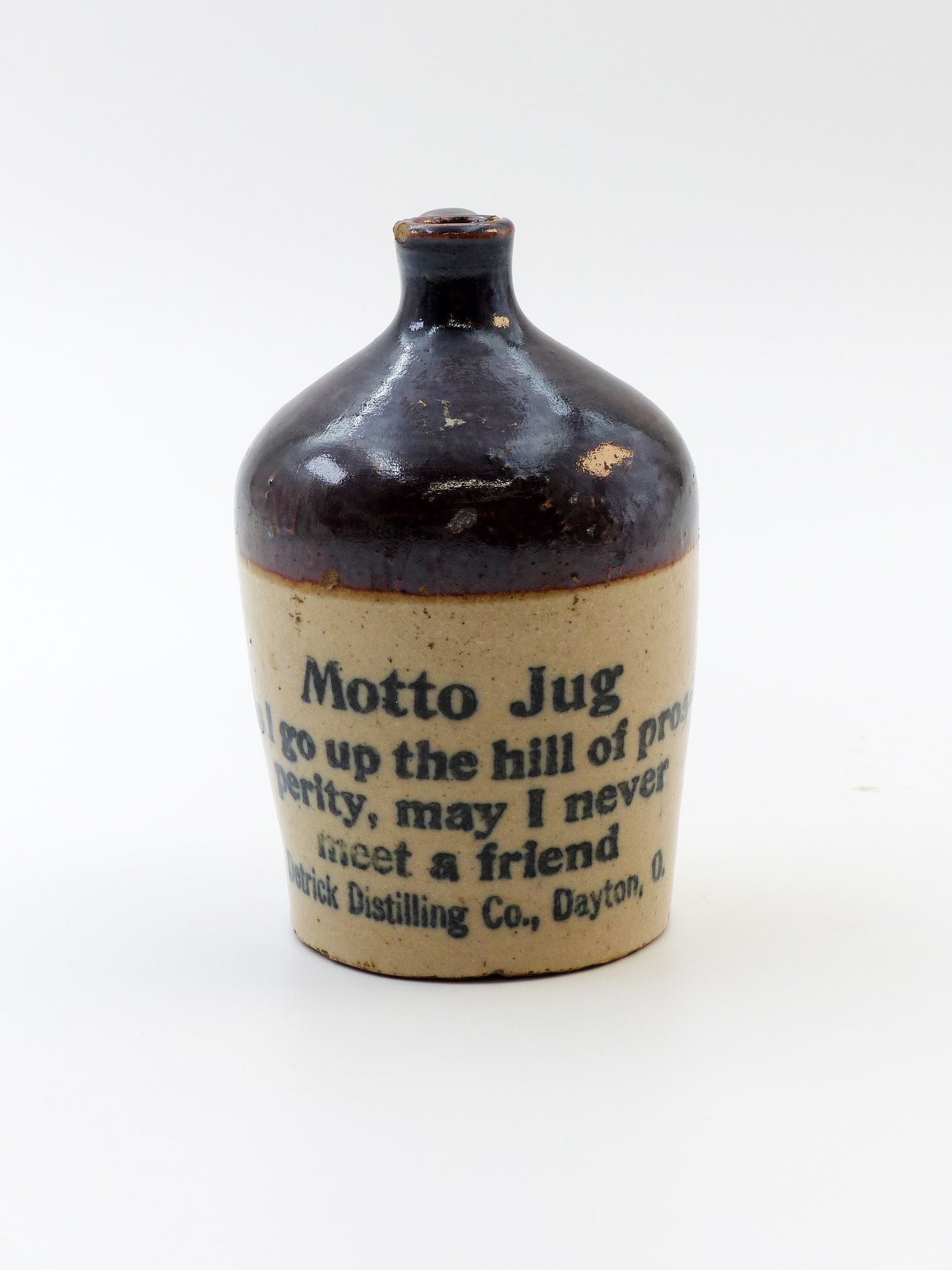 Motto Jug: Motto Jug -Detrick Distilling Co. Dayton O. - "As I go up the hill of prosperity, may I never meet a friend" ; Condition: Small nick on lip ; 4.75"H