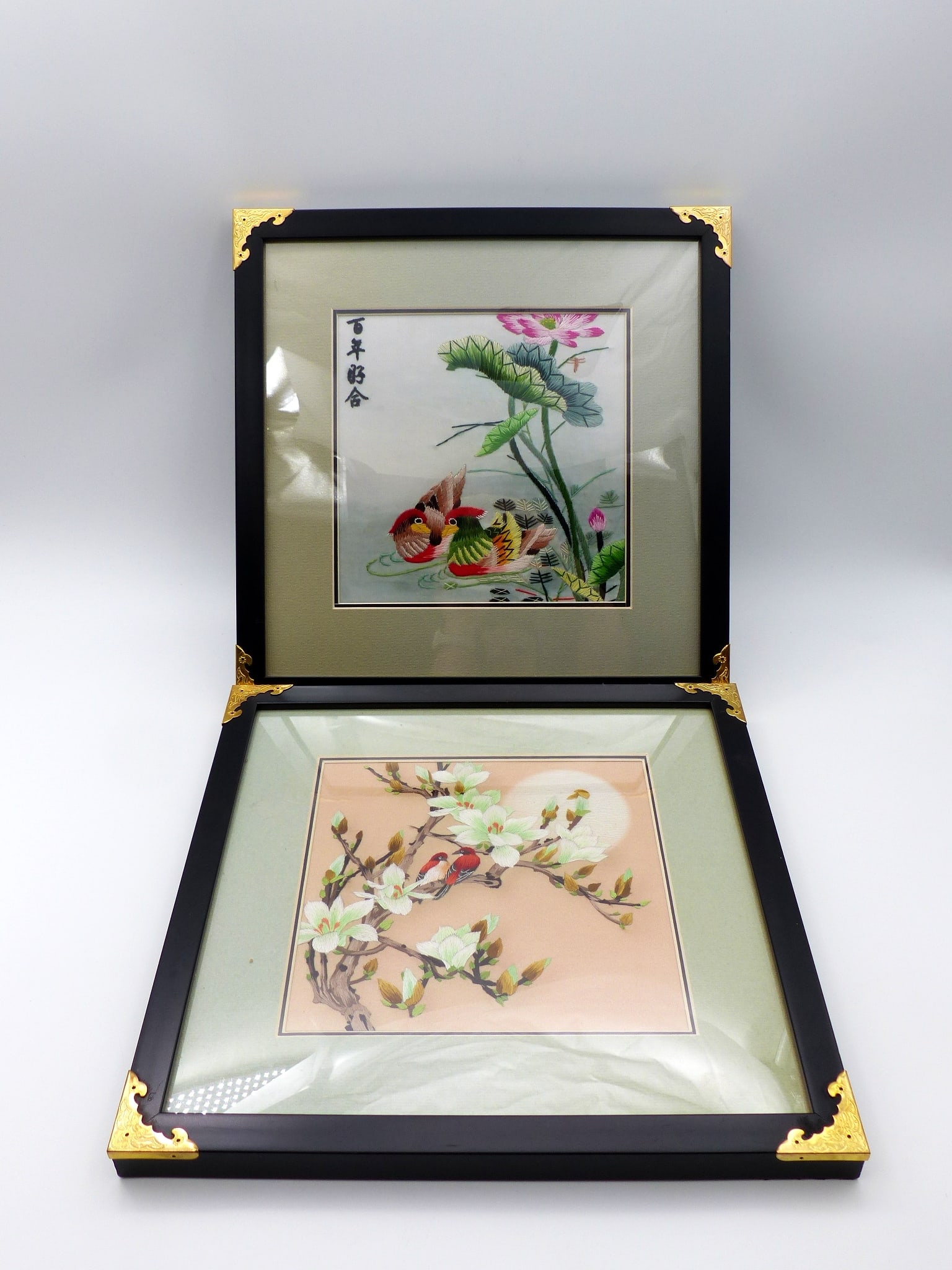 2 Framed Silk Pieces W/birds: 2 Framed Silk Pieces w/Birds -Condition: Excellent ; 12.625"H x 12.625"W