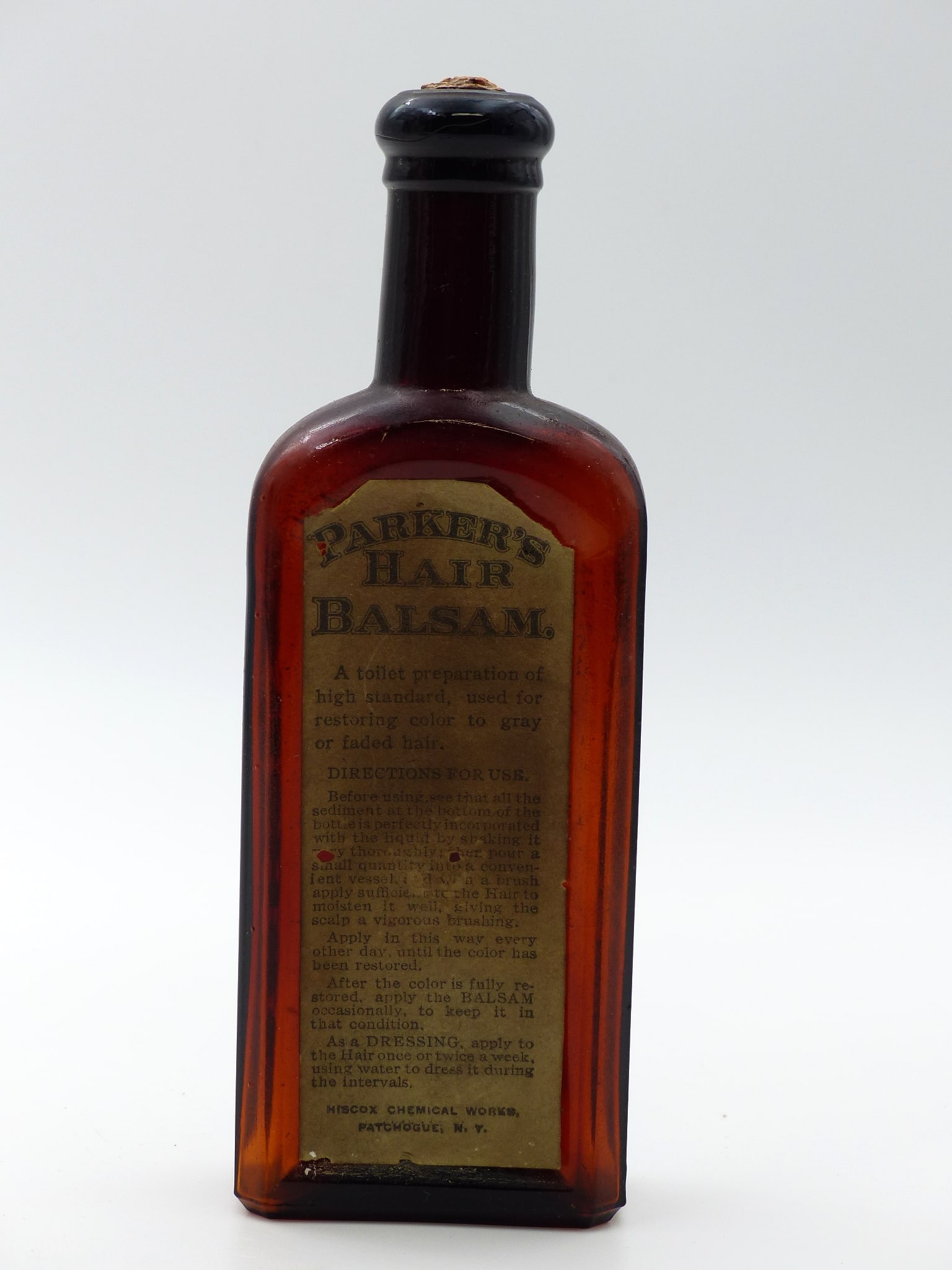 Parker's Hair Balsam Bottle: Parker's Hair Balsam Bottle -Amber; Paper Label. ; Condition: Mint, Normal label wear ; 6.875"H