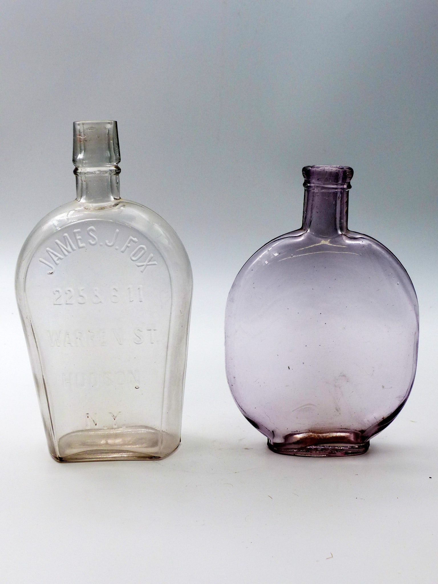 James J. Fox Warren St. Hudson, Ny & Purple Pumpkin Seed (1900) Flasks (1 of 7)