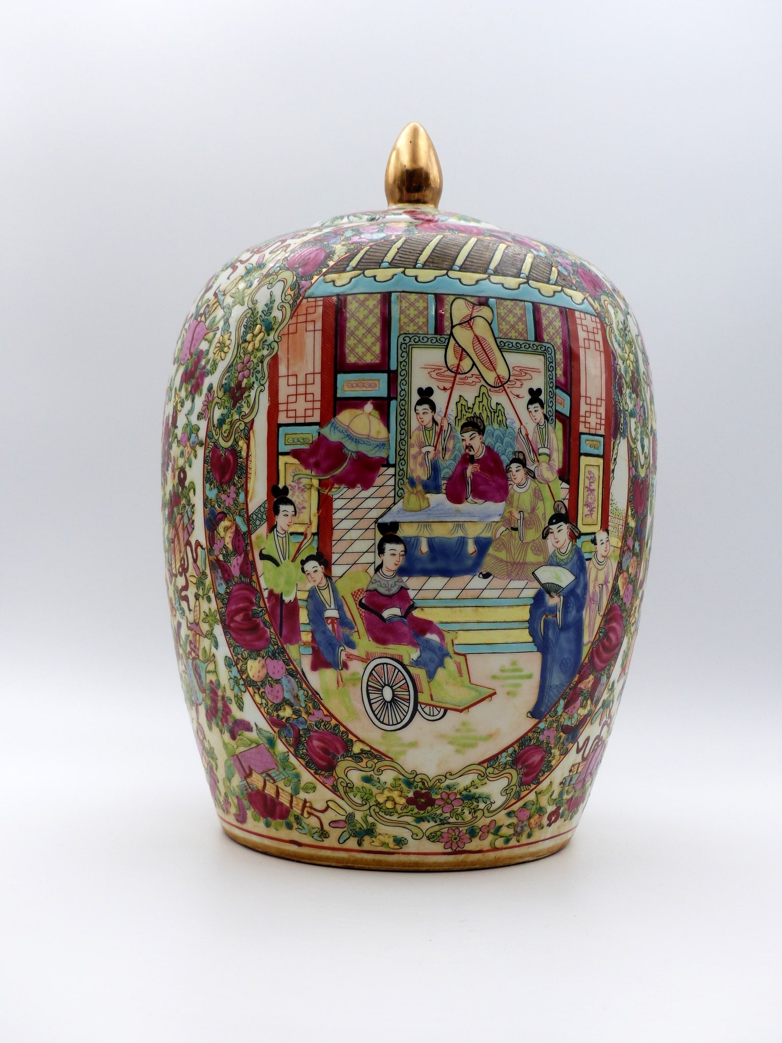 Large Chinese Gilded Famille Roase Ginger Jar: Large Chinese Gilded Famille Roase Ginger Jar -Hand Painted ; Ca. 1950s ; Condition: Good ; 17"H x 12"W