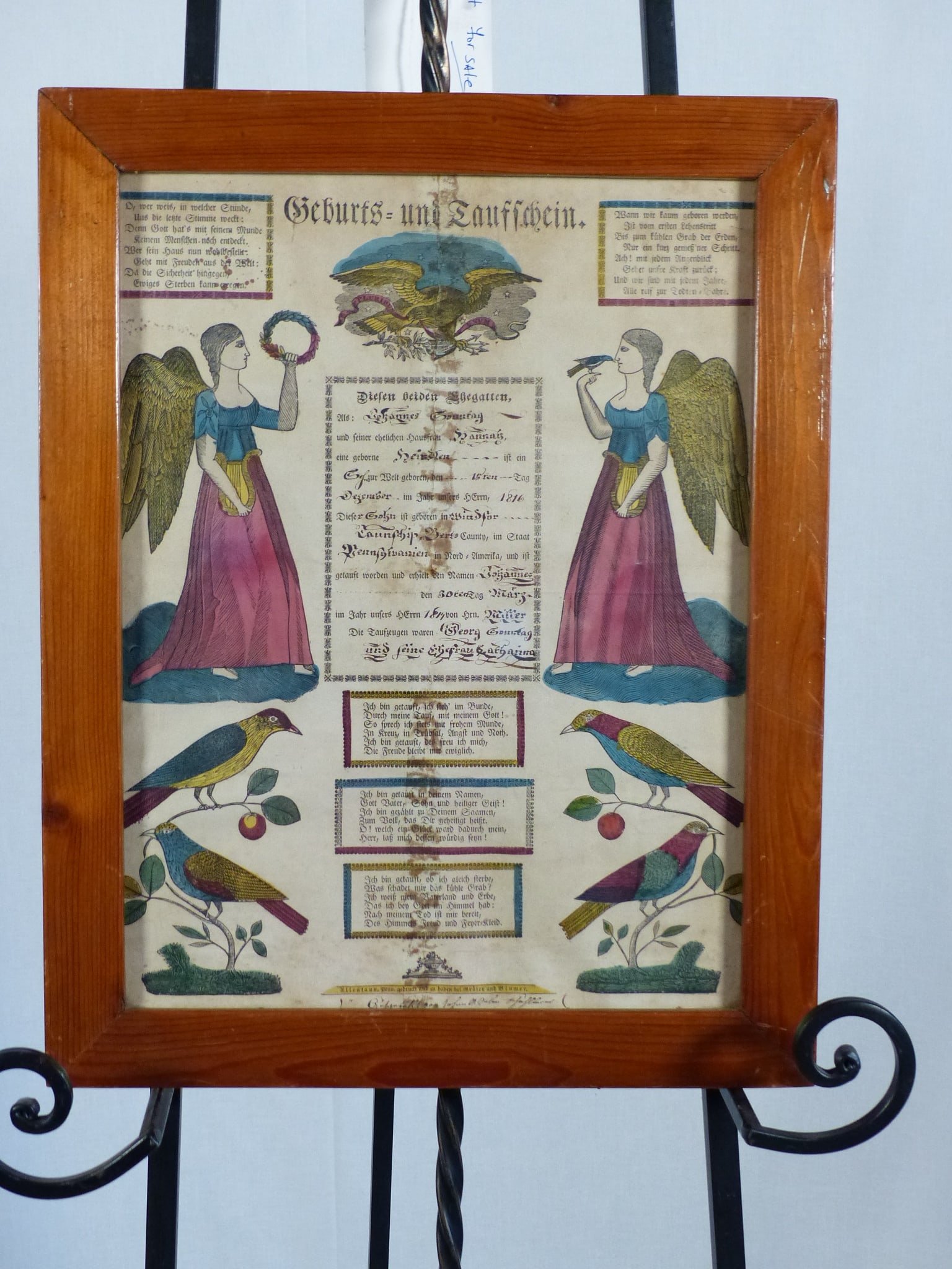 Framed 1816 German Baptismal Certificate (1 of 3)
