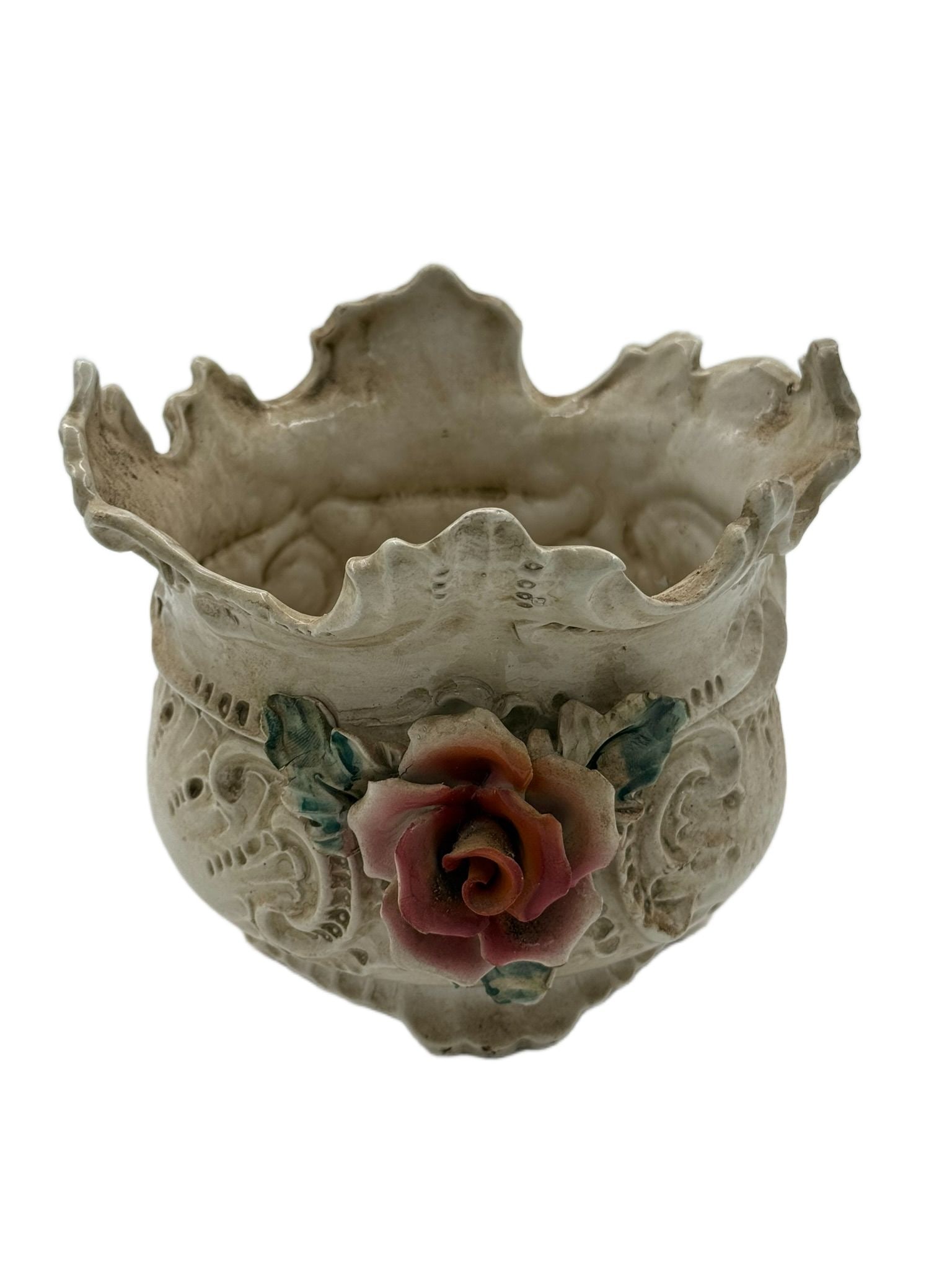 Capodimonte Bassano Hand-painted Italian Flower Pot: Capodimonte Bassano Hand-Painted Italian Flower Pot -Condition: Good vintage condition with minor wear on the rim and slight discoloration on the rose; no chips or cracks visible. Dimensions: 6" H x 6