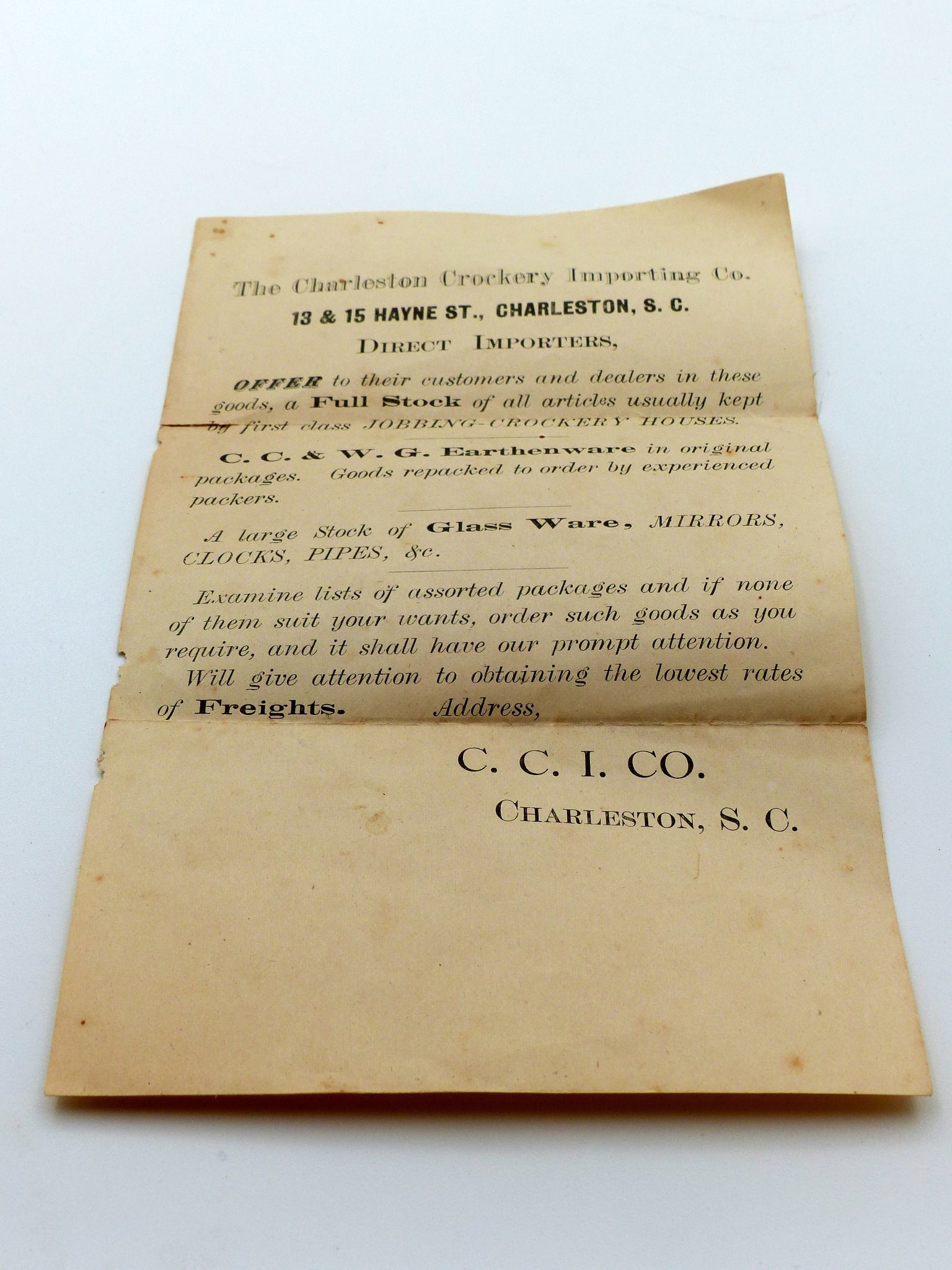 Rare - The Charleston Crockery Importing Co. Advertising Flyer (1 of 3)