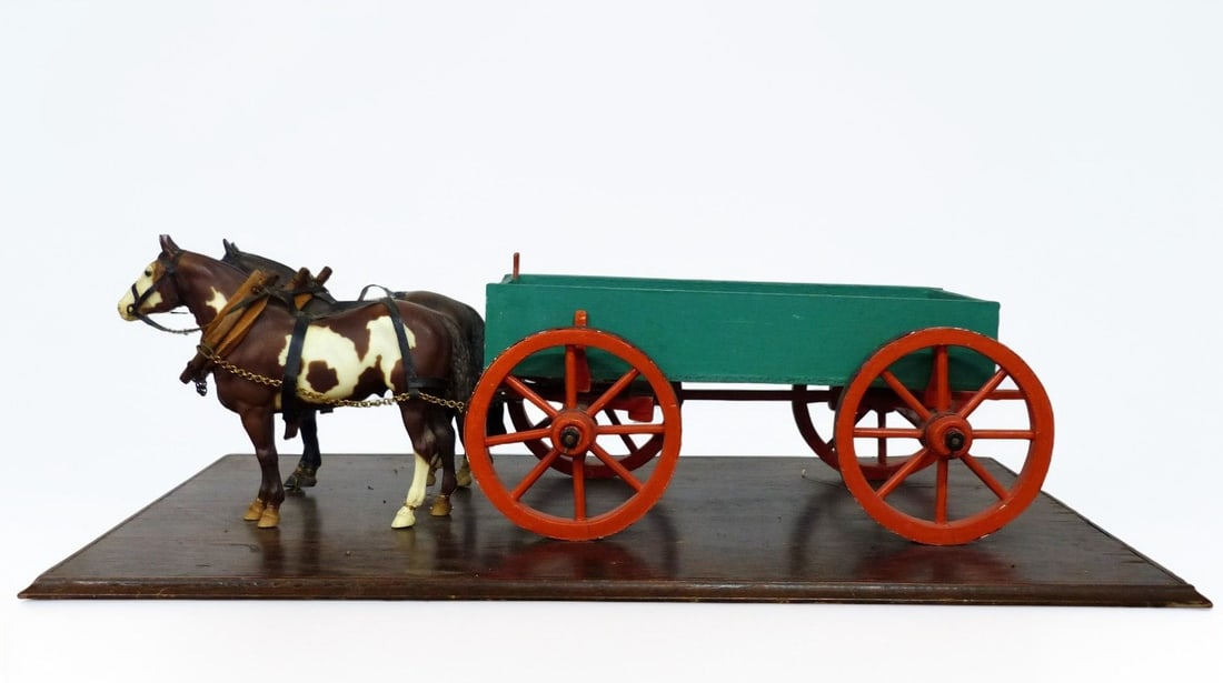 2 Horses Pulling Wagon: 2 Horses Pulling Wagon -Green Wagon, Red Wheels ; ; 17"W x28"L