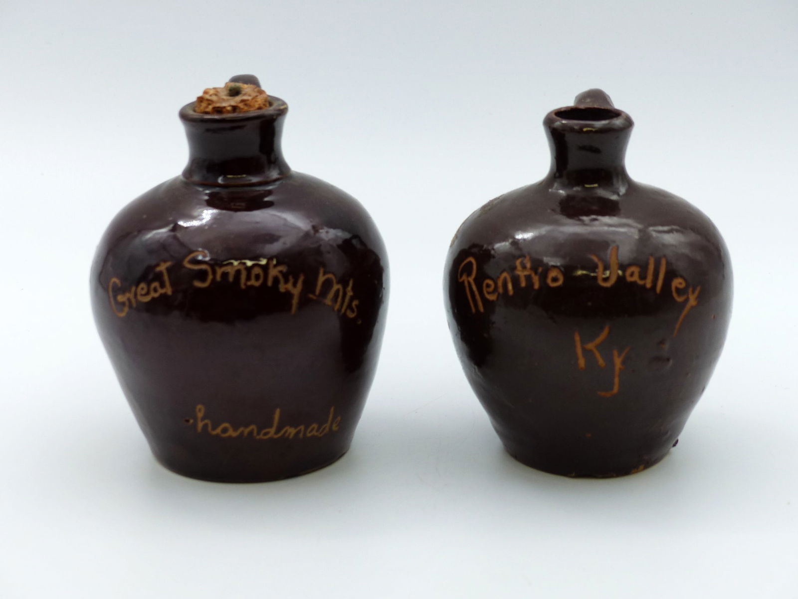 2 Brown Sampler Jugs: 2 Brown Sampler Jugs -"Great Smokey Mts."; "Renfro Valley, KY" ; ; Both 4"H