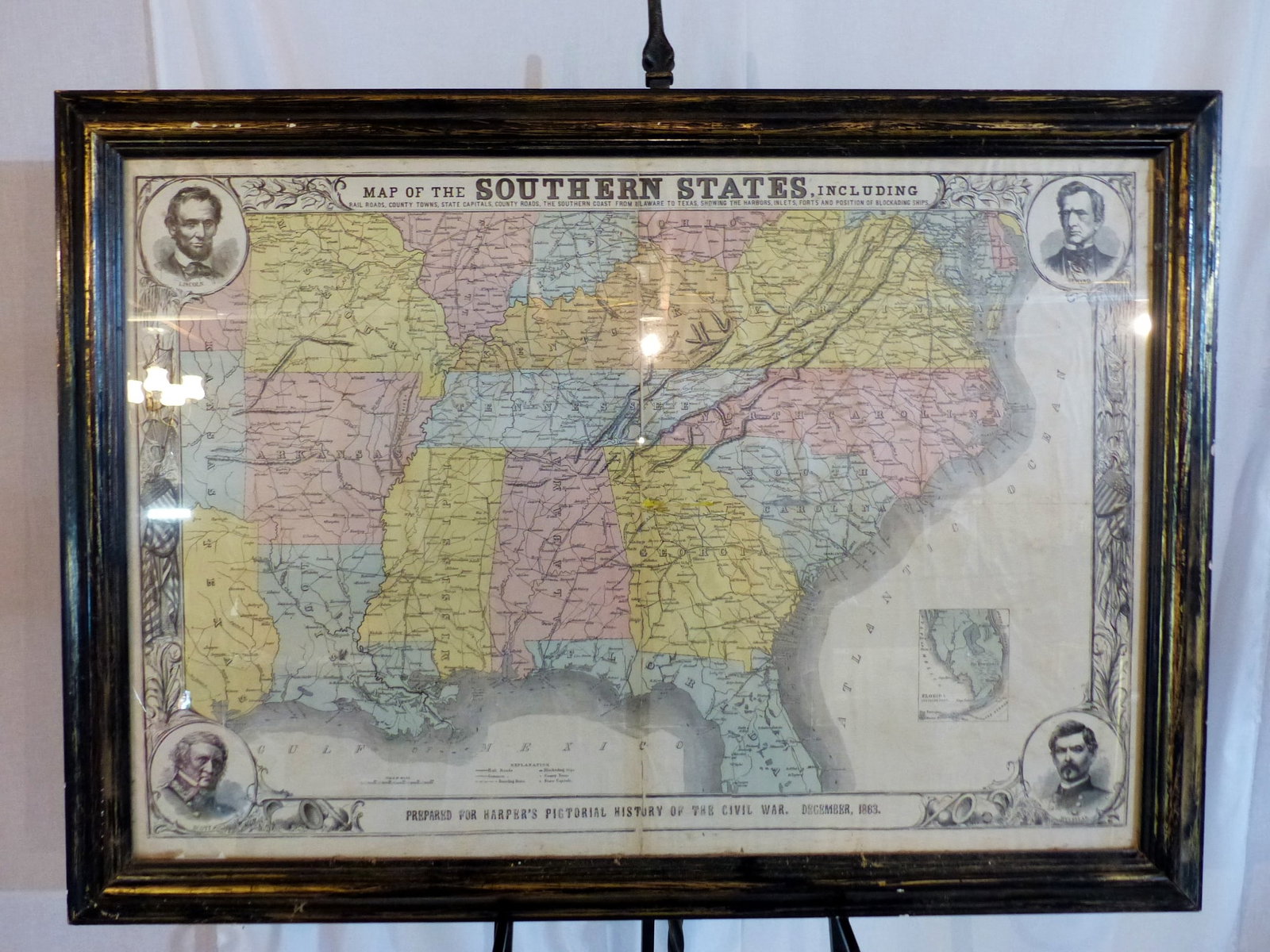 Framed Map Of Southern States: Framed Map of Southern States -Originally part of "Harpers Pictorial History of the Civil War" ; Condition: Good ;