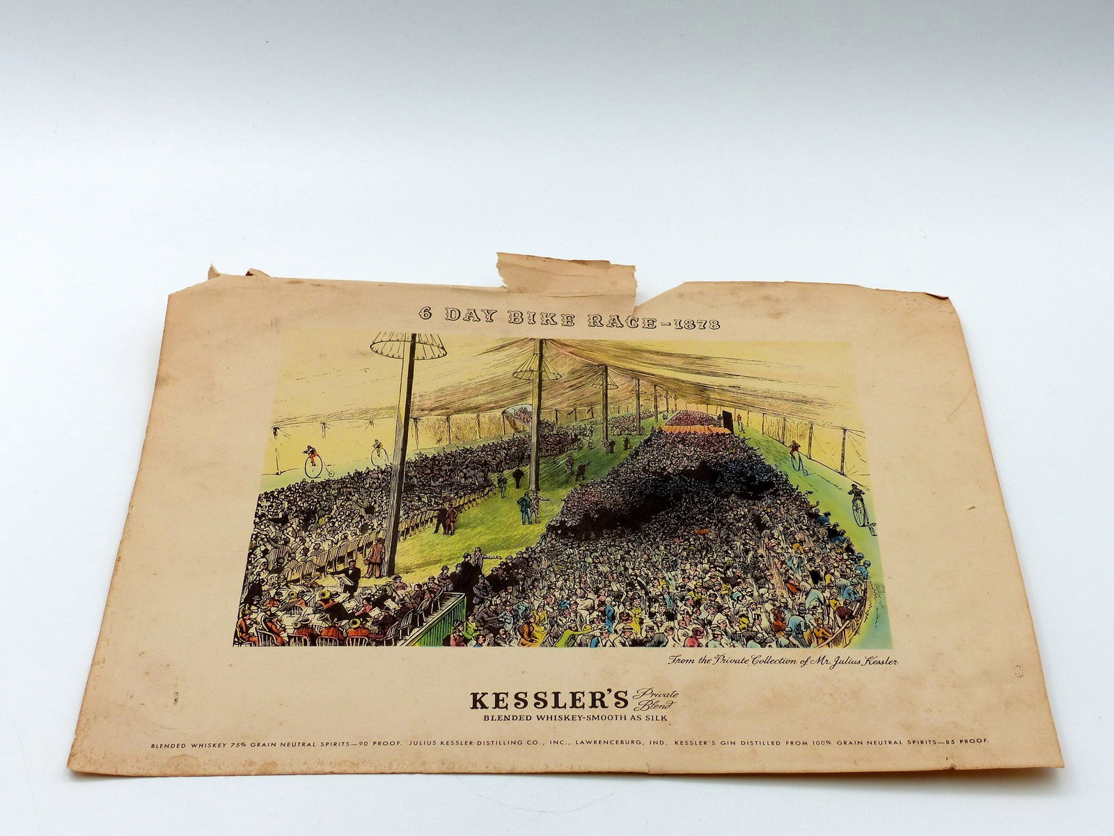 Advertising Of Kessler's Whiskey: Advertising of Kessler's Whiskey -"6 Day Bike Race - 1878" ; Condition: Fair ;