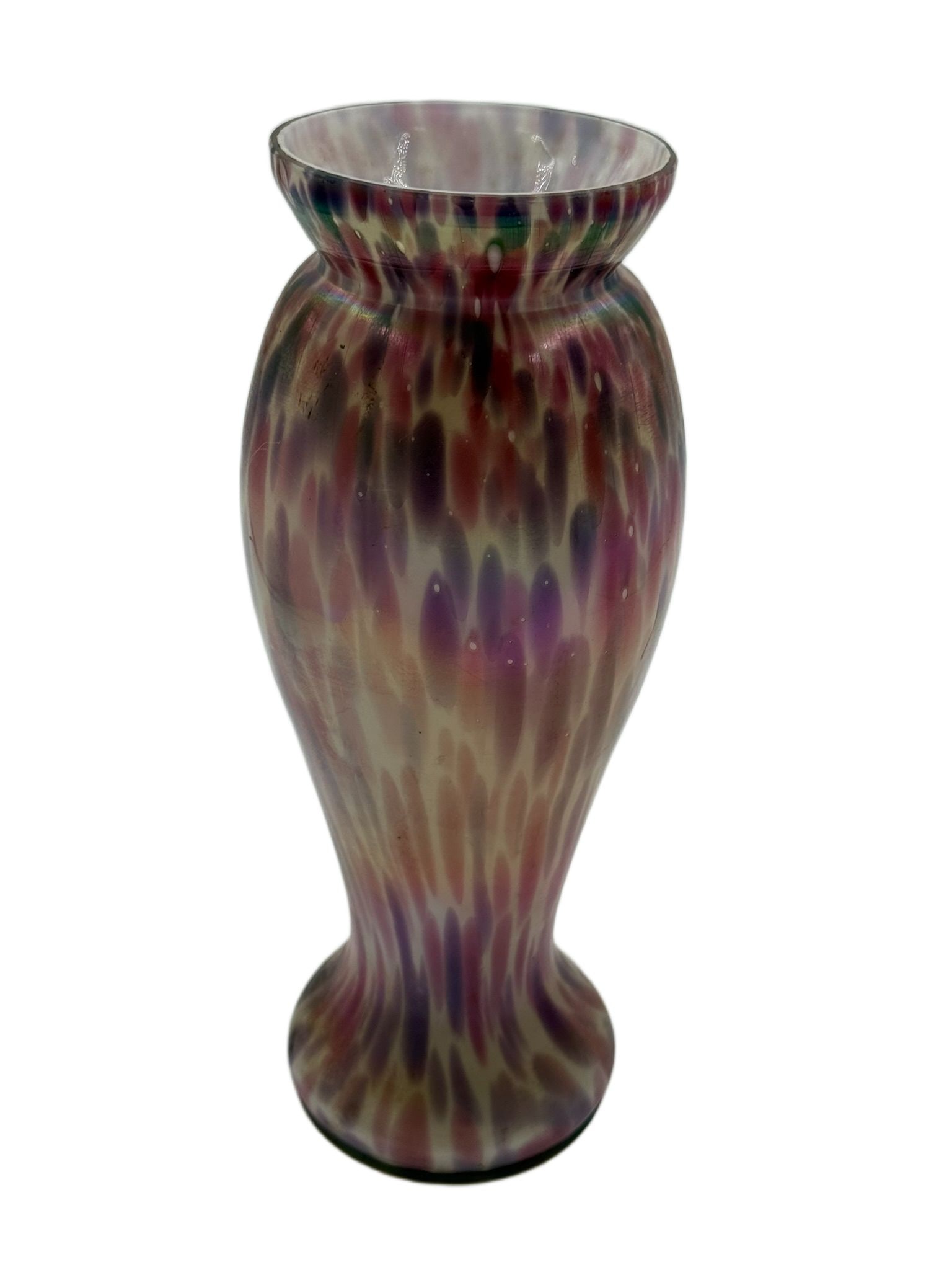 Welz Purple & Pink Iridescent Spatter Glass Vase: Welz Purple & Pink Iridescent Spatter Glass Vase -Condition: Very Good, with minor wear consistent with age Dimensions: Approx. 10" H x 3.5" W Origin: Likely Bohemia or Czech Republic, late 19th to ea