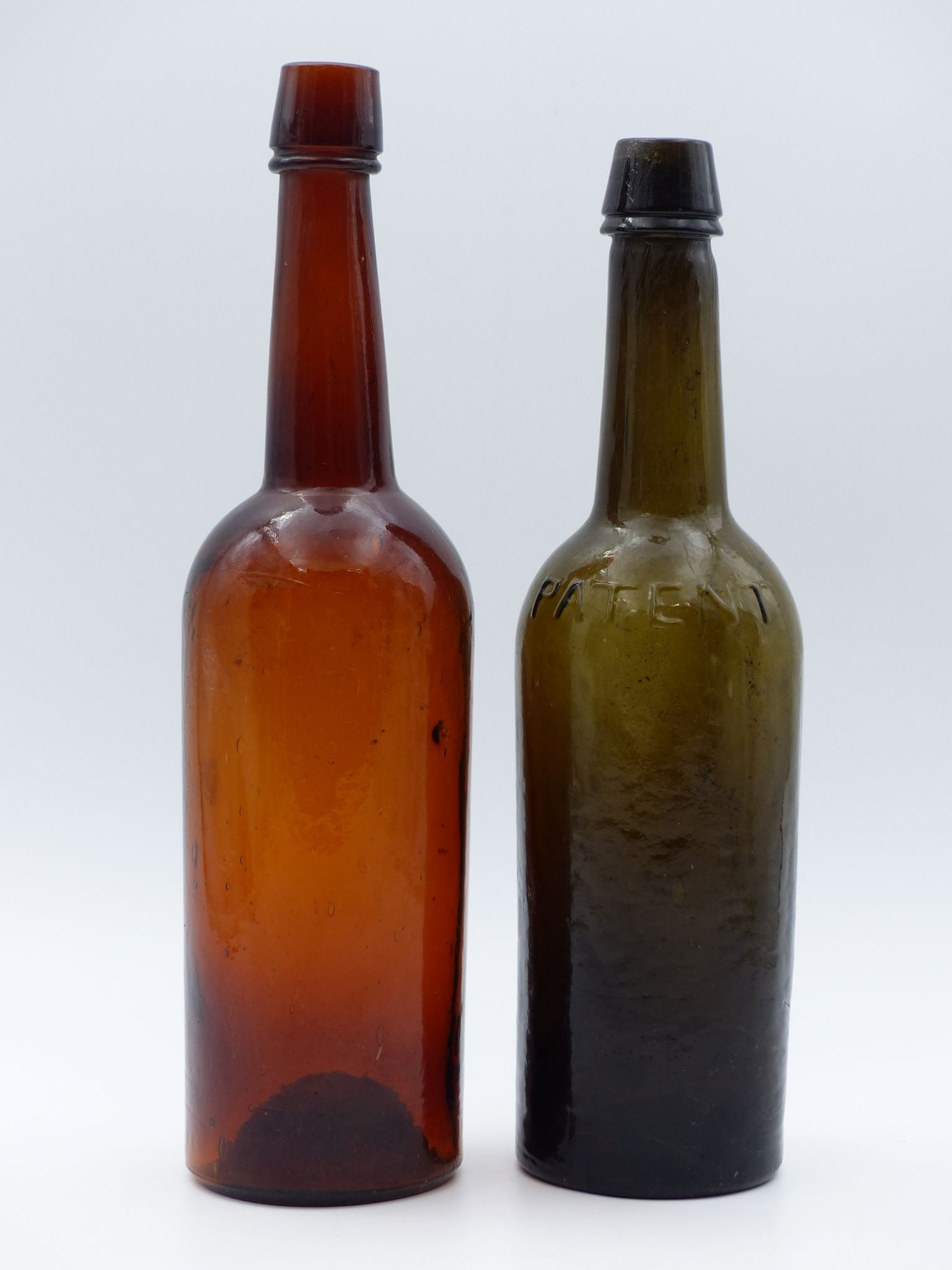 Whiskey Bottle Pair: Amber & Dark Green Blob Tops (1 of 8)