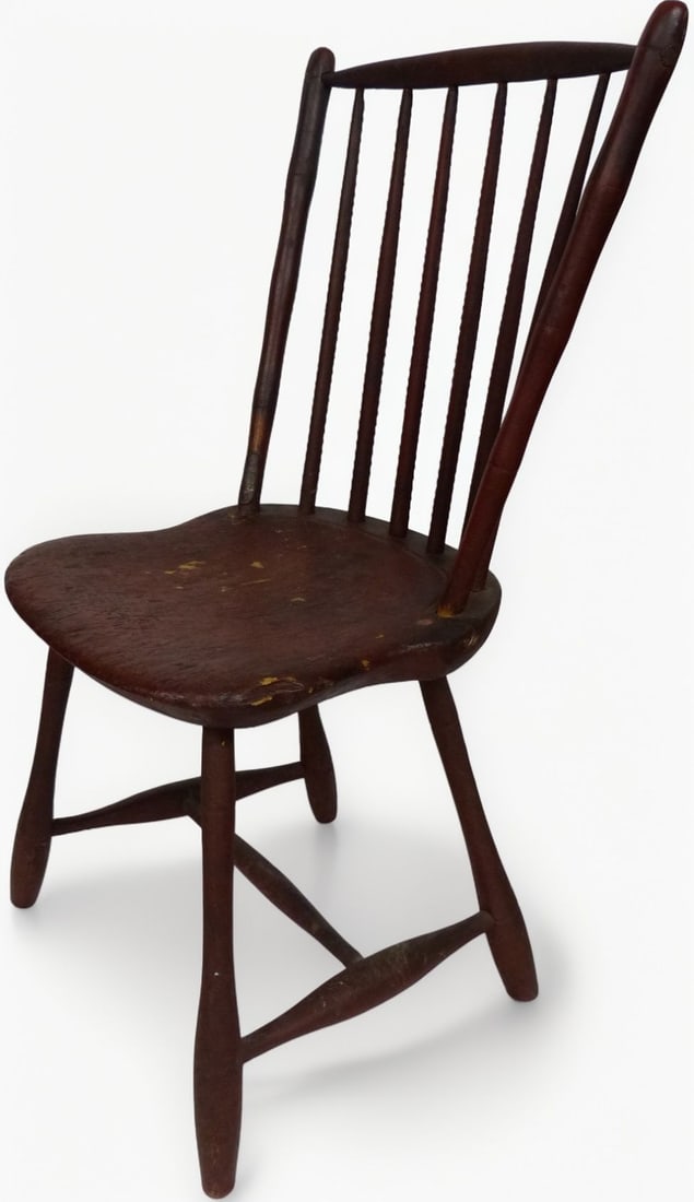 Early Windsor Chair with Original Paint (One Repair): This early Windsor chair exudes rustic charm with its original worn paint and distinctive design characteristics typical of 18th-century craftsmanship. Featuring a slender, spindled backrest, a contou