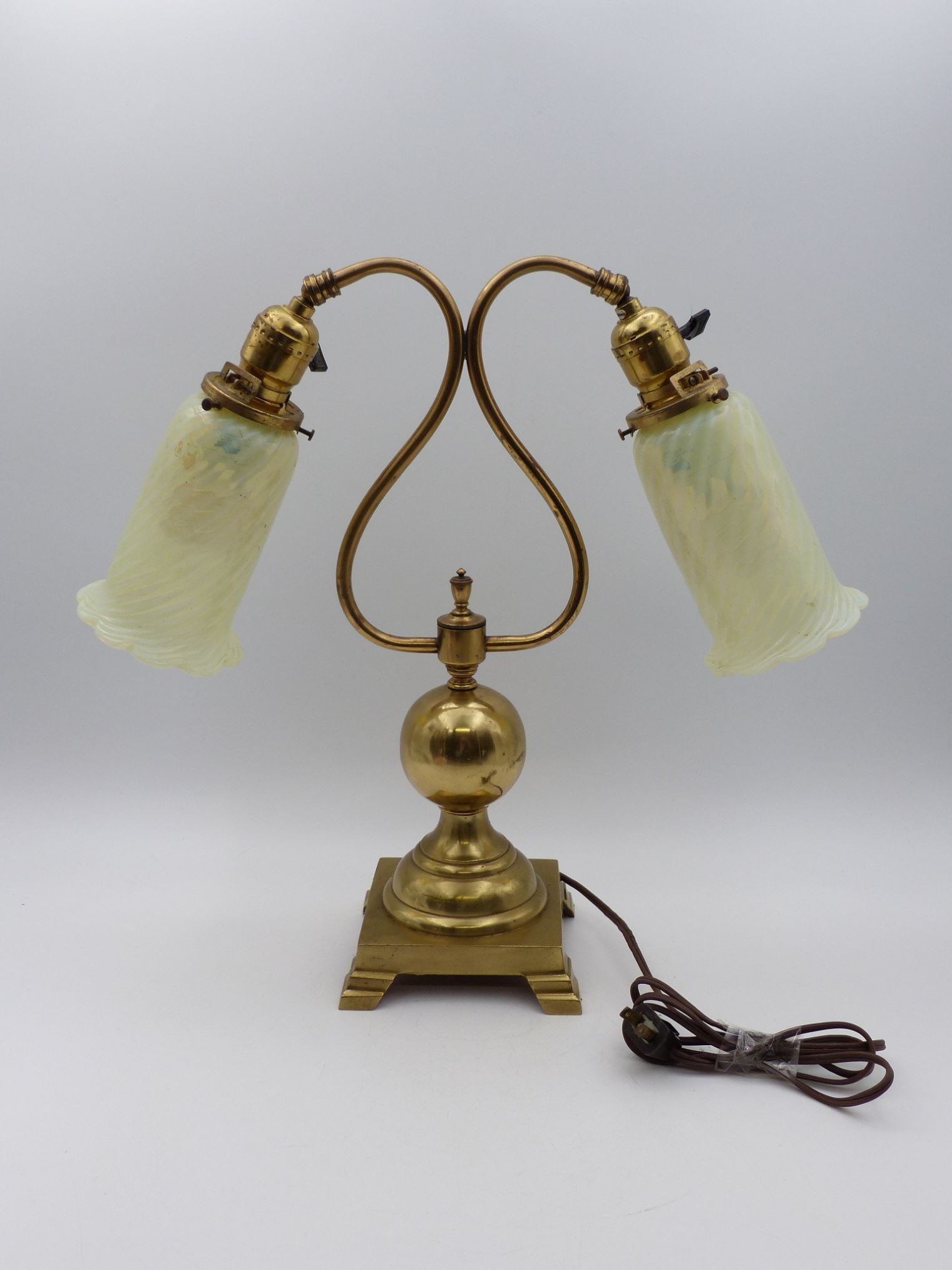 Early Brass Lamp with Iridescent Yellow Globes (1 of 7)
