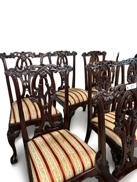 Set of Victorian Chippendale Style Mahogany Dining Chairs: This set of elegant Victorian-era dining chairs features a sophisticated Chippendale-inspired design with intricate ribbon-back splats and ornate wood carving. The chairs are constructed from rich mah