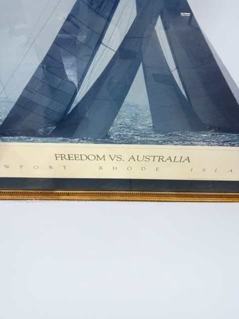 Vintage America's Cup 'Freedom vs. Australia' Framed Photographic Print: This is a vintage framed photographic print documenting the historic 1980 America's Cup race between the American yacht Freedom and the Australian challenger. The image captures the tension and beauty