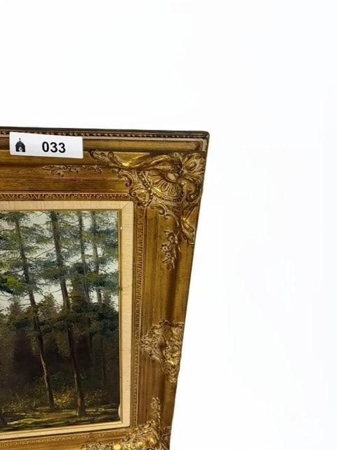 Mountain Lake Landscape Oil Painting: This serene oil painting depicts a majestic mountain range overlooking a calm, reflective lake, framed by a dense evergreen forest in the foreground. The composition captures the tranquil beauty of a
