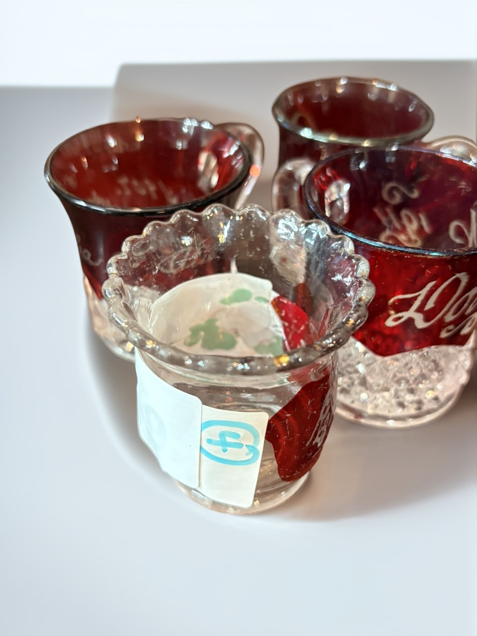 Set of Four Vintage Ruby Red Flash Glass Souvenir Mugs (1 of 4)
