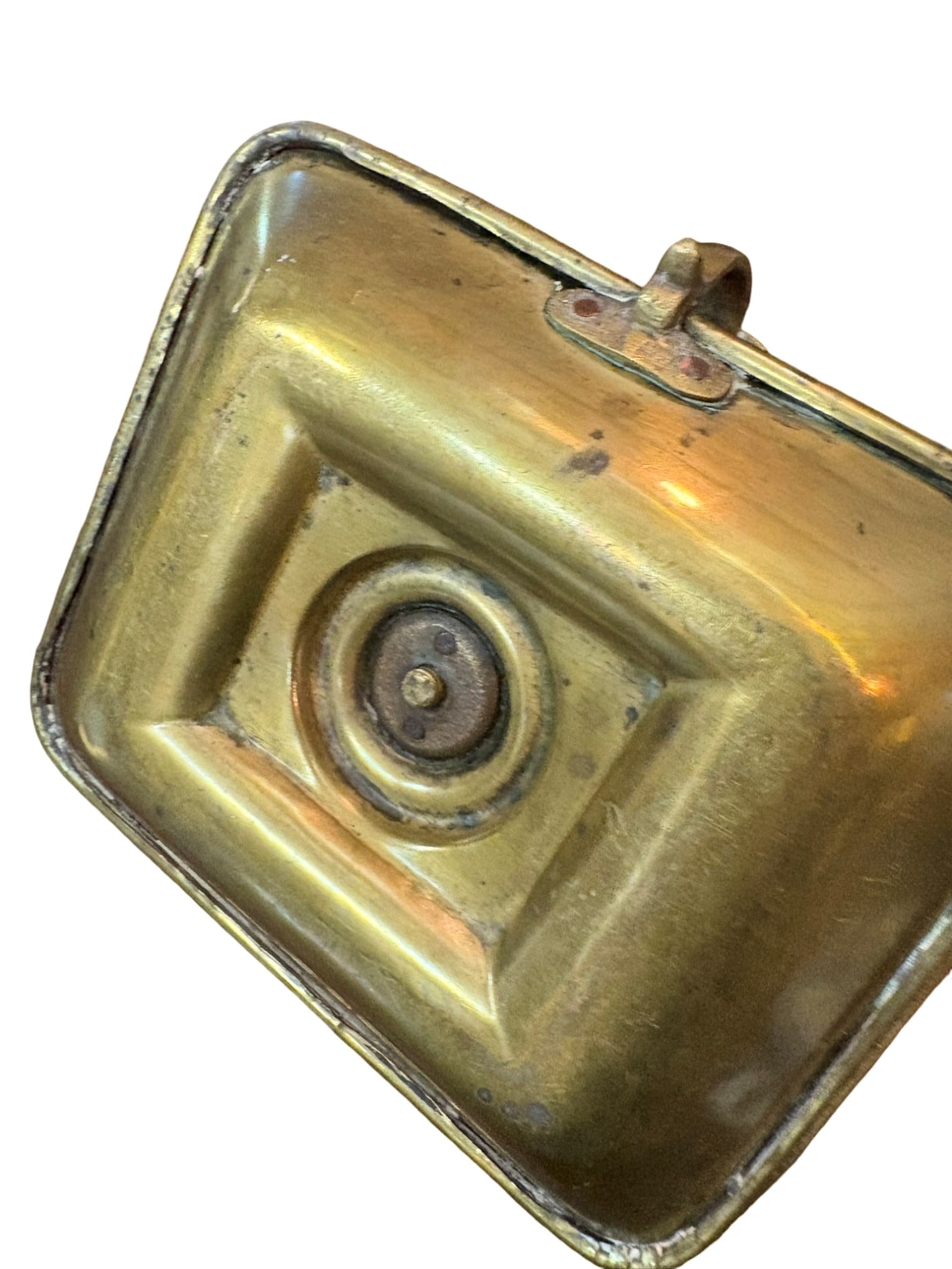 Antique Brass Chamberstick Candlestick with Ejector: A classic antique brass chamberstick, notable for its functional ejector mechanism designed to push out candle remnants. Featuring a square base and a side finger loop handle for portability, this