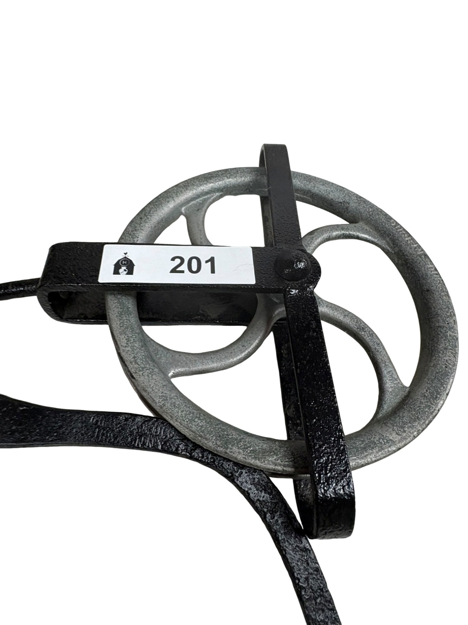 Vintage Cast Iron Ice Tongs with Pulley: This antique ice harvesting tool features robust cast iron construction, combining a set of heavy-duty piercing tongs with a functional metal pulley system. Historically used in the early 20th century