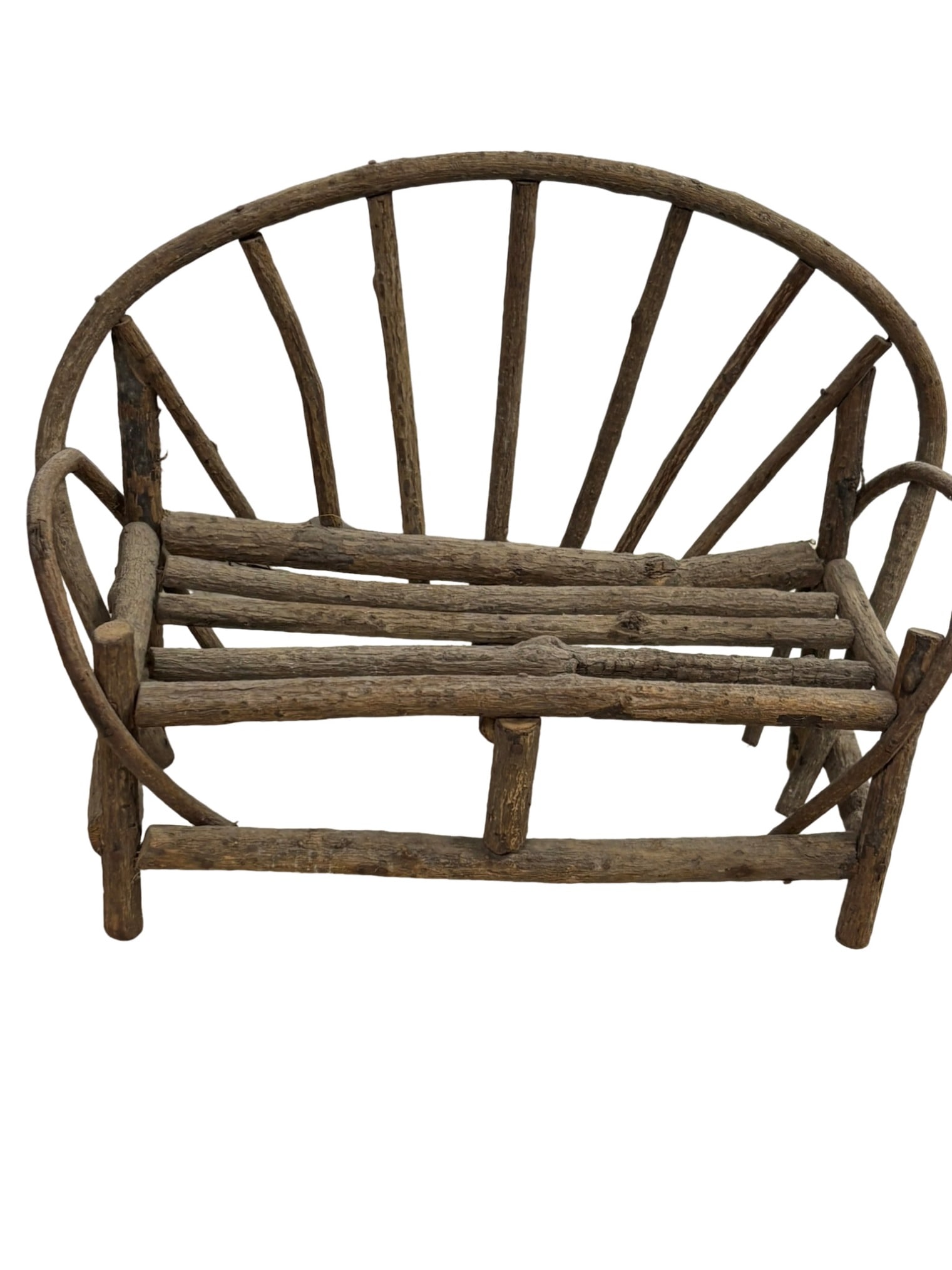Set of Three Artisan Twig and Branch Miniature Furniture Pieces: This charming collection features three distinct miniature furniture pieces handcrafted from natural twigs and branches, showcasing classic rustic folk art construction. The set includes a heart-back 