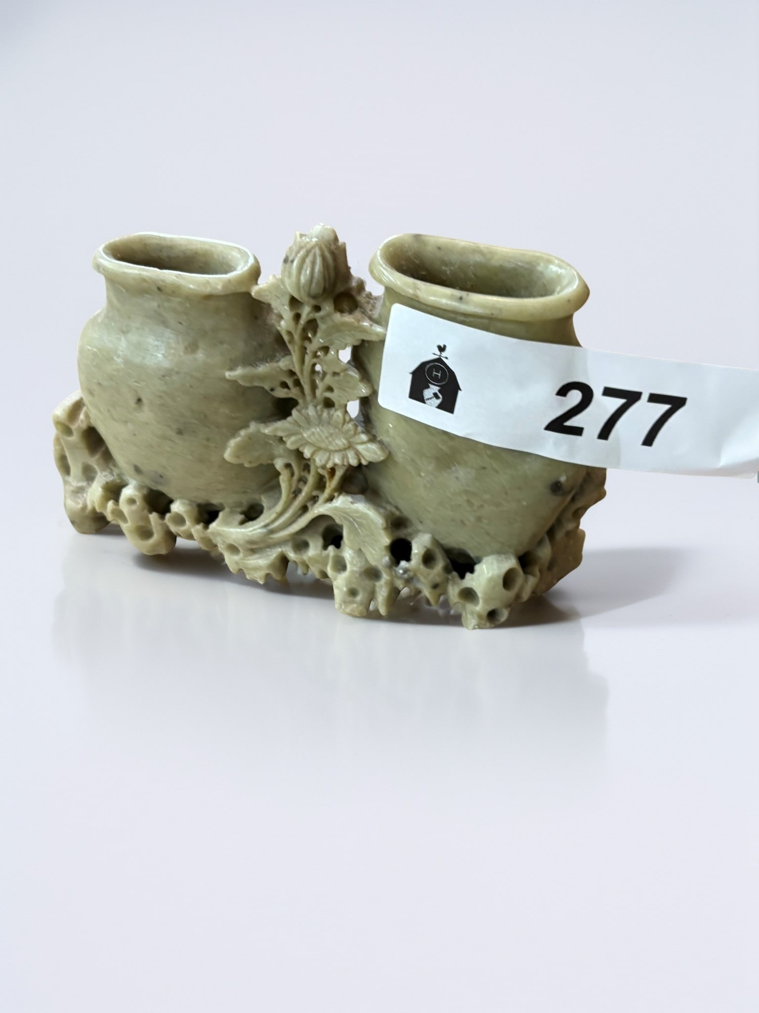 Carved Soapstone Double Brush Pot (1 of 3)