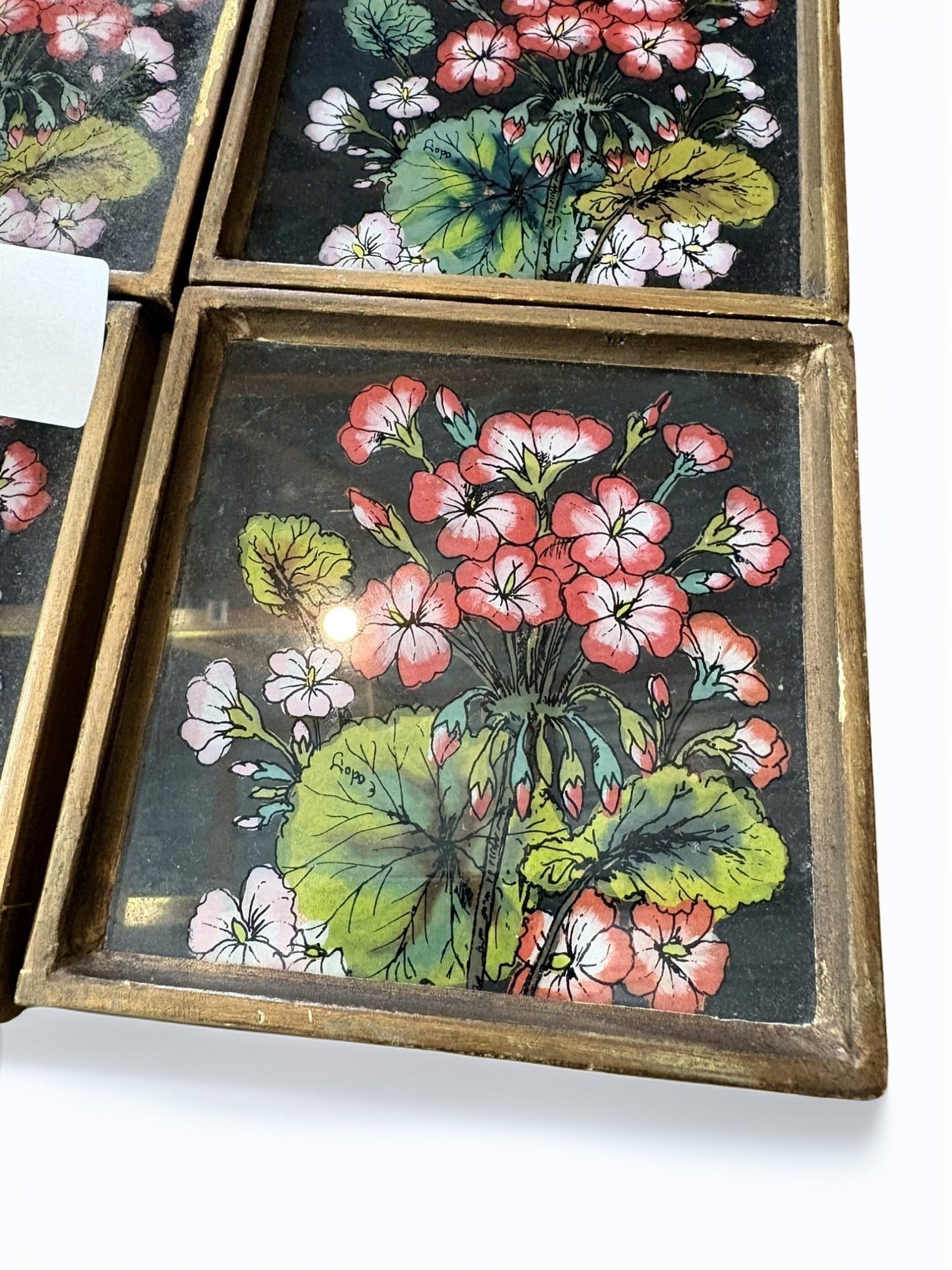 Set of Four Vintage Reverse-Painted Floral Glass Plaques (1 of 2)