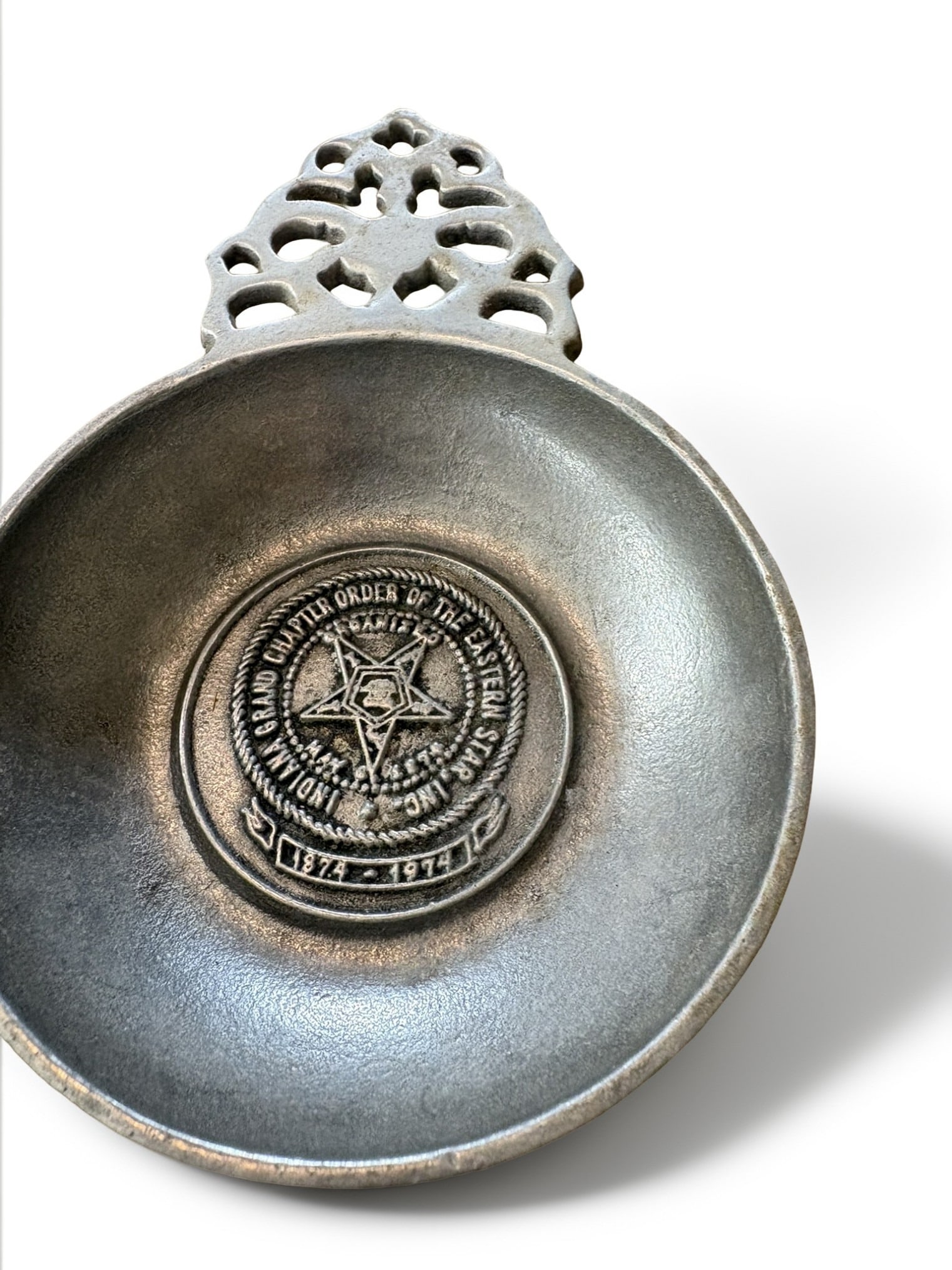 Pair of RWP Wilton Armetale Pewter Commemorative Trays: This pair of decorative trays features the emblem of the Indiana Grand Chapter Order of the Eastern Star, commemorating the 1874-1974 centennial. Crafted from durable RWP Wilton Armetale, a metal allo