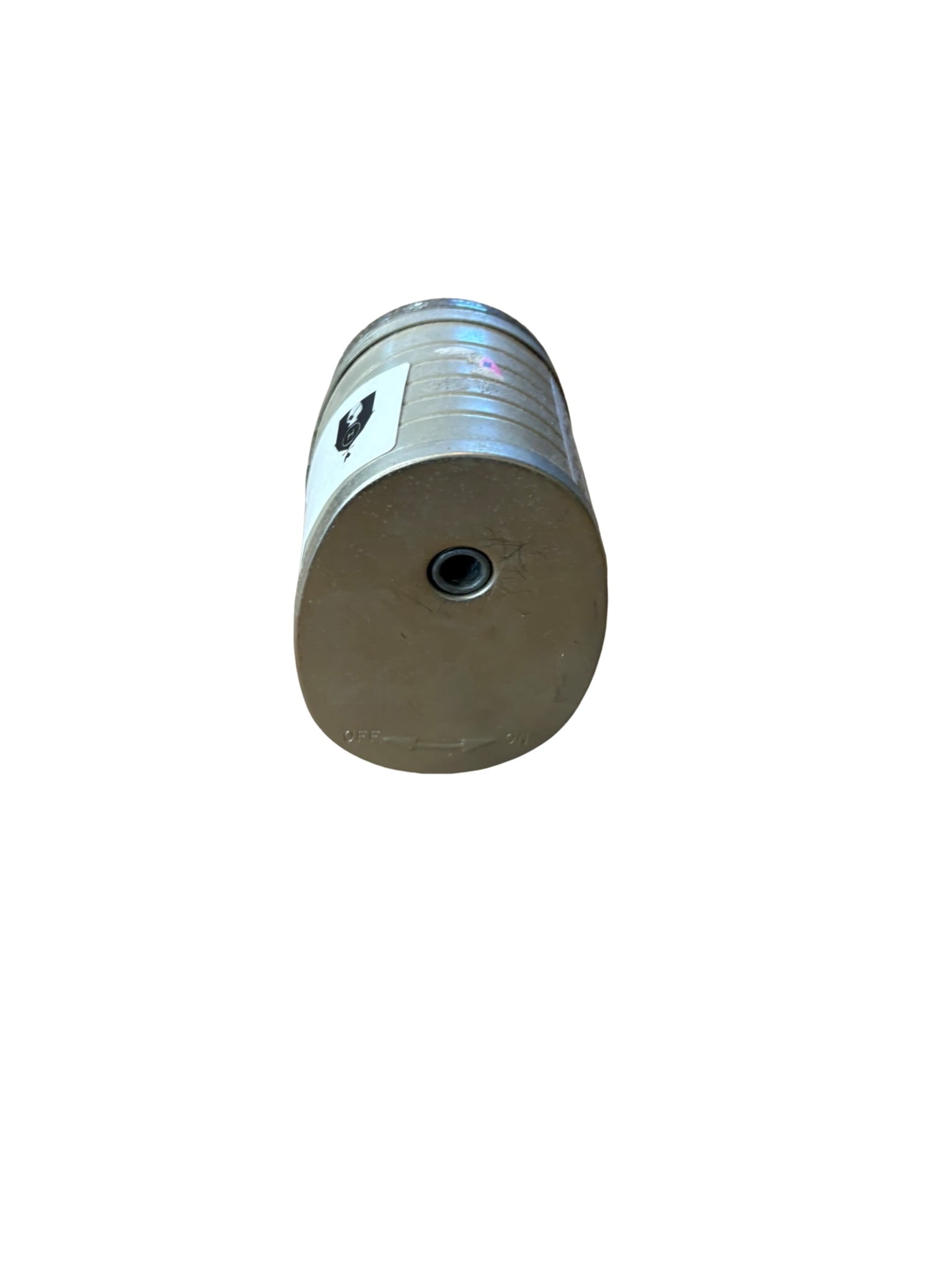 Vintage Hand-Cranked Pencil Sharpener: This vintage hand-cranked pencil sharpener features a sturdy industrial design with a textured hammered grey finish base and a smooth cylindrical housing. Designed for mounting, this mechanical