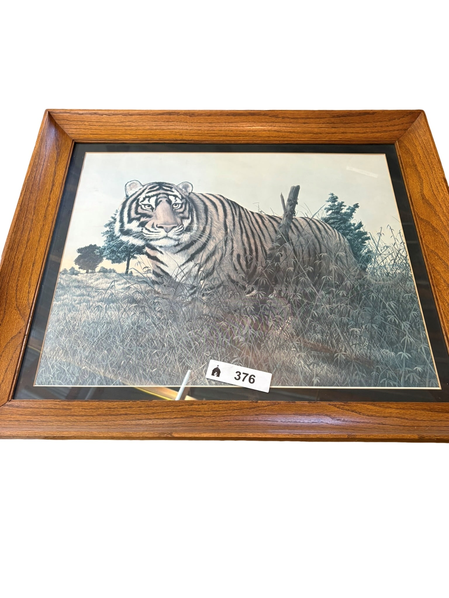 Framed Tiger Wildlife Print by Besser: This captivating wildlife print depicts a majestic tiger emerging from dense, tall grass in a serene natural setting. Rendered with detailed focus on the animal's powerful expression and coat markings