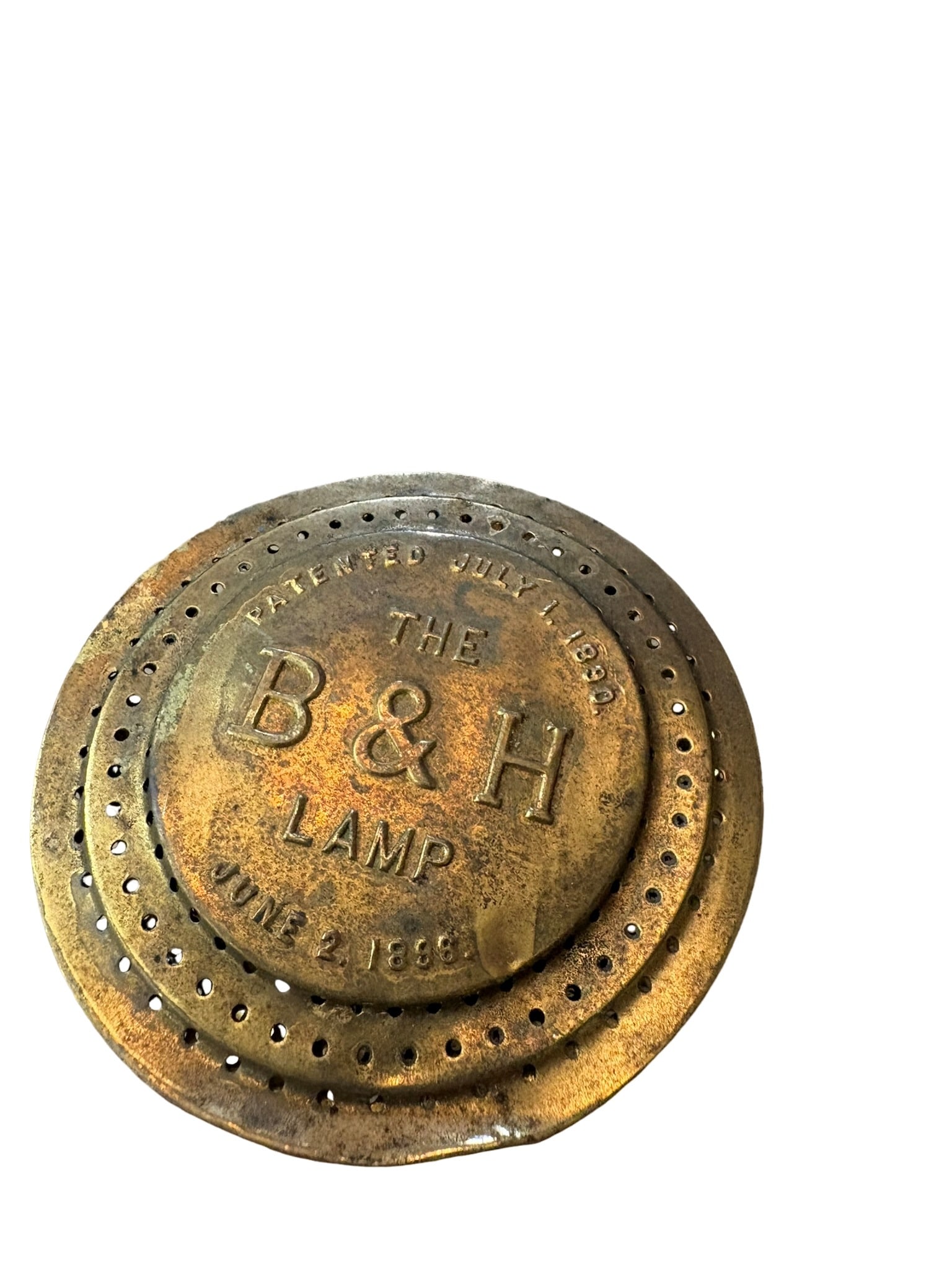 Vintage Bradley & Hubbard Oil Lamp Burner Assembly: This is a vintage brass oil lamp burner assembly manufactured by the prominent Bradley & Hubbard Manufacturing Company. The top plate is clearly marked with the manufacturer name and patent dates of J