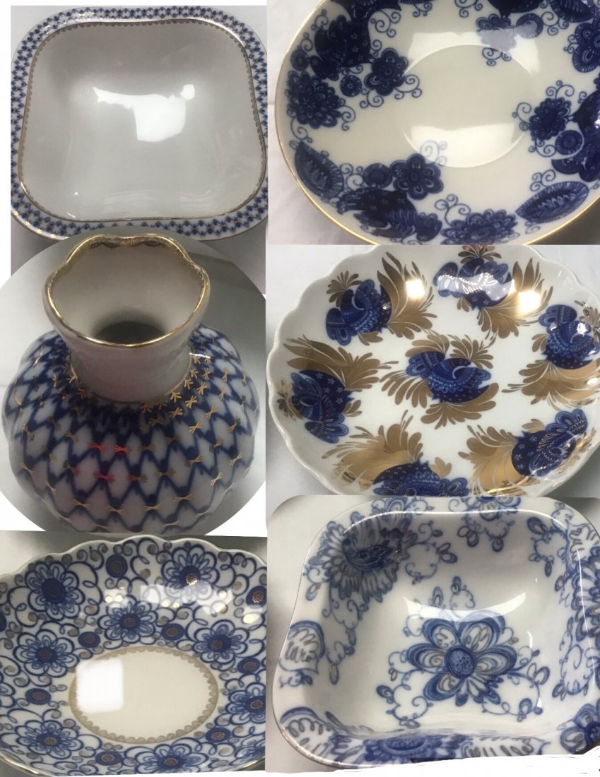 PORCELAIN CHINA COBALT NET WITH GOLD SERVEWARE: RUSSIAN LOMONOSOV PORCELAIN COBALT BLUE AND GOLD NET