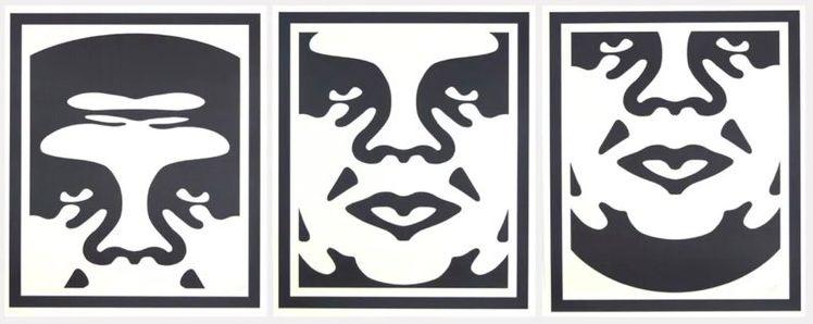 Shepard Fairey (OBEY) - Obey 3 Face (White): Shepard Fairey (OBEY) - Obey 3 Face (White)_x000D_ _x000D_ Triptyque de lithographies offset sur papier blanc_x000D_ Signées au crayon, sans numérotation, 2019_x000D_ Très bon état
