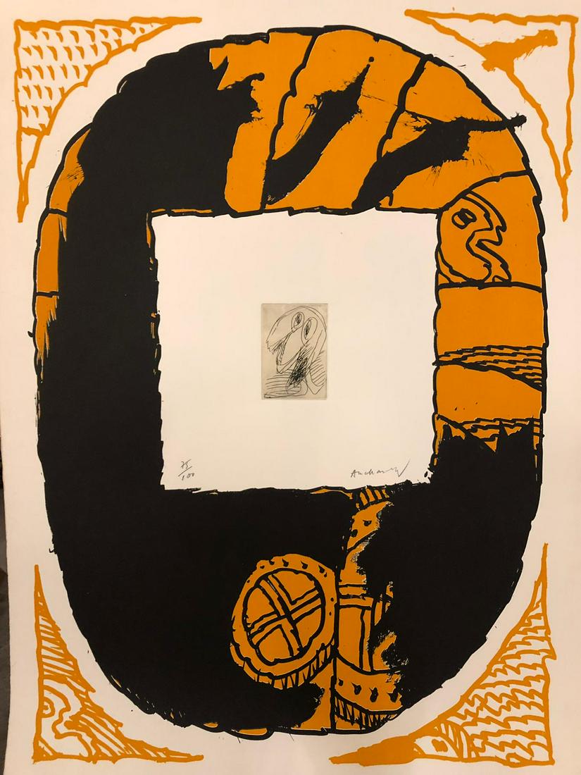 Pierre Alechinsky - Darmstadt: Pierre Alechinsky - Darmstadt_x000D_ _x000D_ Eau-forte et lithographie originale, c. 1975_x000D_ Signée à la main et numérotée 75 / 100_x000D_ Très bon état_x000D_ 85 x 6