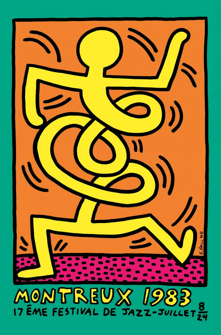 Keith Haring - Montreux Jazz 1983 (Green): Keith Haring - Montreux Jazz 1983 (Green)_x000D_ _x000D_ Sérigraphie sur papier_x000D_ Signée dans la planche_x000D_ Non numérotée_x000D_ Imprimeur Uldry, Berne_x000D_ 100 x 70 cm_