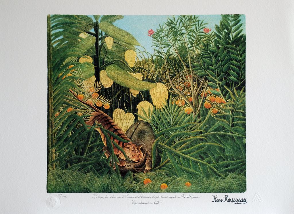 Henri Rousseau (d'après) - Tigre attrapant un: Henri Rousseau (d'après) - Tigre attrapant un buffle (Tiger catching a buffalo) Lithographie d'interprétation en couleurs sur vélin Signée en facsimilé, numérotée 24