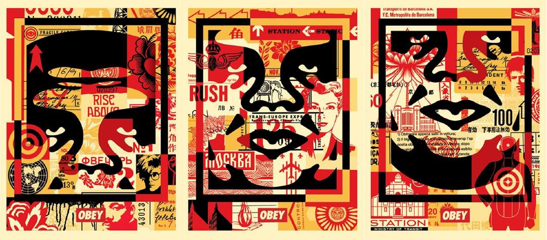 Shepard Fairey (OBEY) - Obey 3 Face Collage: Shepard Fairey (OBEY) - Obey 3 Face Collage Triptyque de lithographies offset sur papier Speckle Tone Signées au crayon, sans numérotation, 2019 Très bon état 3 x 61x45 cm Set of t