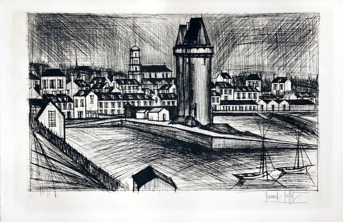 Bernard Buffet - La Tour Solidor (The Soldier Tower), 1971: Bernard Buffet - La Tour Solidor (The Soldier Tower), 1971Original drypoint on paper, signed in pencil and numbered 78/120. Ref.: Rheims 73. Good condition, 80 x 121 cm.Pointe sèche originale sur pap