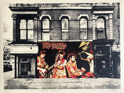 Shepard Fairey - Bad Brains Bowery and Bleecker, 2025: Shepard Fairey - Bad Brains Bowery and Bleecker, 2025Screen print on thick cream Speckletone paper, signed in pencil by Shepard Fairey and Glen E. Friedman, numbered /500. Very good condition, 46 x