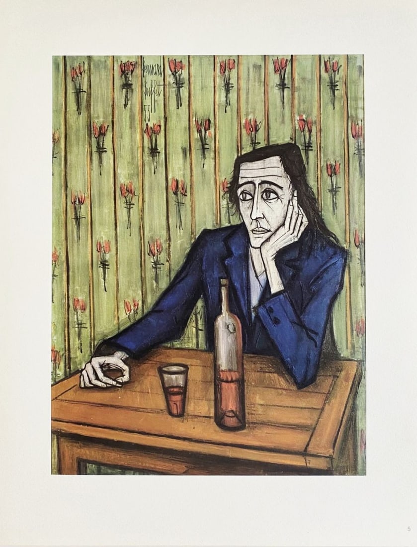 Bernard Buffet (after) - Femme au verre de vin, 1966: Bernard Buffet (after) - Femme au verre de vin, 1966Offset lithograph on paper, plate signed, not numbered. Published by Fernand Hazan, Paris, 1966. Printed by Lecot. Some wear signs on margins, 35 x