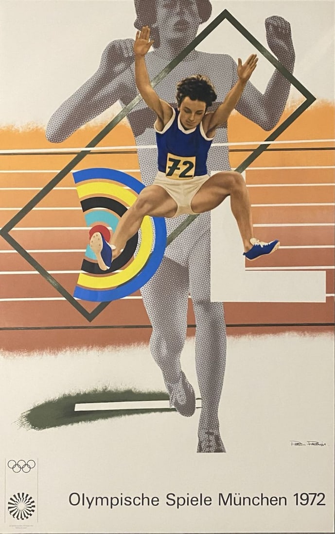 Peter Phillips - Munich Olympic Games, 1972: Peter Phillips - Munich Olympic Games, 1972Lithographic poster on paper, plate signed, not numbered. Limited edition of 4000. Original period edition created for the 1972 Olympic Games in Munich. Good