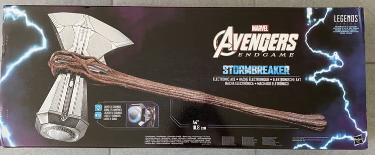 Hasbro x Marvel Studios - Avengers Engame Stormbreaker Axe: Hasbro x Marvel Studios - Avengers Engame Stormbreaker AxeLife size Stormbreaker electronic axe in original box. X2 1.5V AAA Alkaline batteries required. Age 18+. New, 111.8 cm (axe), 93 x 36 x 19 cm
