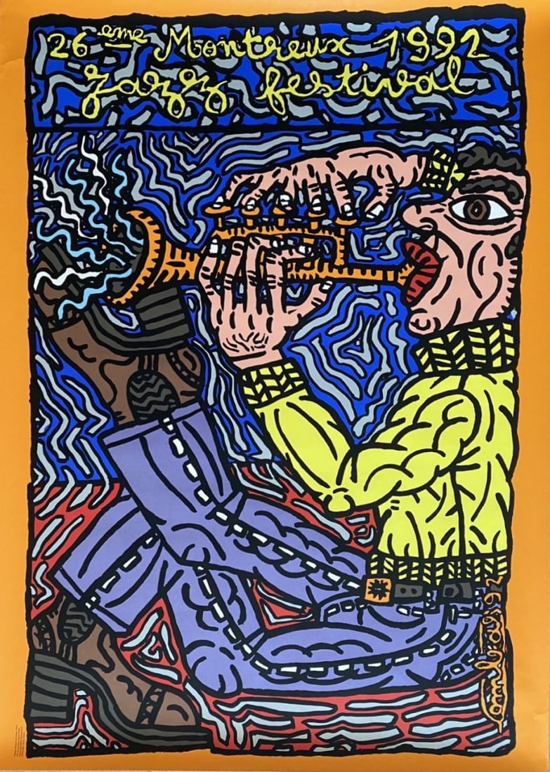 Robert Combas - Montreux Jazz Festival, 1992: Robert Combas - Montreux Jazz Festival, 1992Silkscreen on paper, plate signed, not numbered. Printed by Albin Uldry, Switzerland, as an official poster for the Montreux Jazz Festival. Small defect on