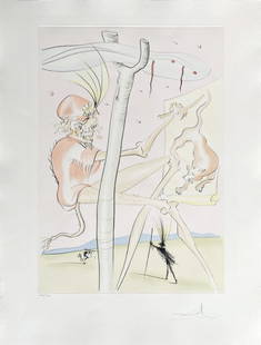Salvador Dalí - Le Singe et le Léopard, 1974: Salvador Dalí - Le Singe et le Léopard, 1974Original drypoint & pochoir on paper, signed in pencil & numbered 198/250. Extracted from the portfolio "Le Bestiaire de La Fontaine dalinisé". Publisher