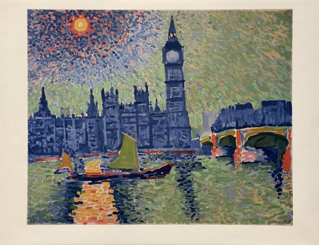 André Derain (after) - Londres, La Tamise et Big Ben, 1972: André Derain (after) - Londres, La Tamise et Big Ben, 1972Color lithograph on Arches paper. Printed by Atelier Mourlot, Paris, 1972. Good condition, 50 x 65 cm.Lithographie en couleurs sur vélin d'A