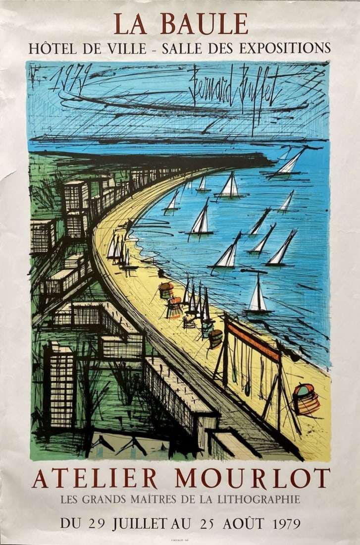 Bernard Buffet - Les grands maîtres de la lithographie. La Baule, 1979: Bernard Buffet - Les grands maîtres de la lithographie. La Baule, 1979Poster on paper, plate signed. Limited edition of 3000. Publisher: Mourlot, Paris, 1979. Ref: Sorlier 298 bis. One tear on the le