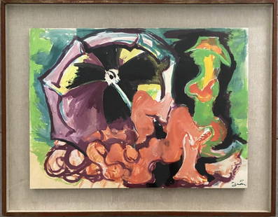 Edouard Pignon - Les baigneuses au parasol, 1971: Edouard Pignon - Les baigneuses au parasol, 1971Watercolor on cardboard, hand-signed by artist. Minor defects (see photos) otherwise good condition, 57 x 77 cm. Frame dimensions: 77.5 x 97.5 x 3.5