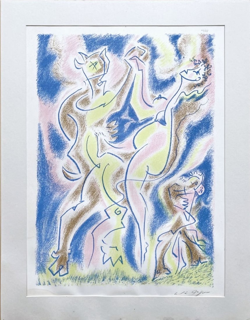 André Masson - Nymphe et satyre, 1971: André Masson - Nymphe et satyre, 1971Original lithograph on wove paper, signed in pencil and numbered 27/70. Big brown spot at the bottom margin (see photos), 69.5 x 49.5 cm. Mat dimensions 76 x 59 c