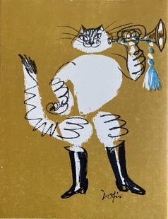Hans Fischer ("Fis") - Le Chat botté (Puss in Boots), 1960: Hans Fischer ("Fis") - Le Chat botté (Puss in Boots), 1960Original lithograph on Rives paper, not signed, not numbered. Limited edition of 270 + 30AP. Publisher: Gonin, Lausanne, 1960. The